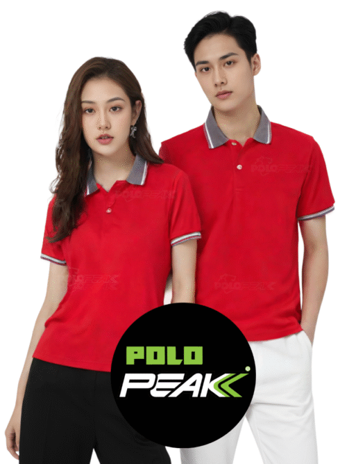 เสื้อโปโลสีฟ้าแดง ปกท็อปดายริ้วขาวแดง